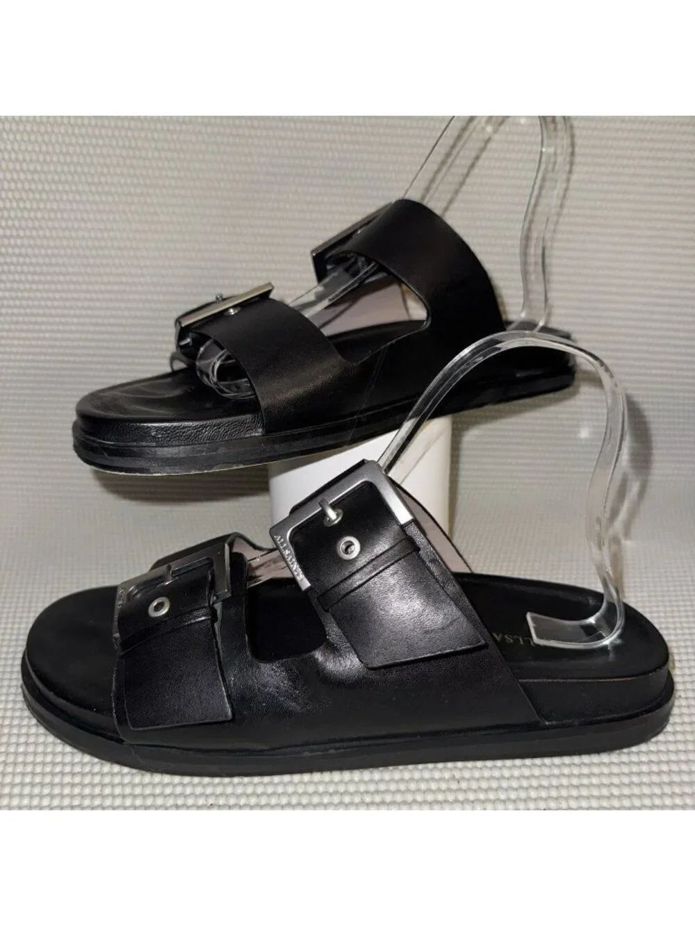 AllSaints Mia Black Leather Double Strap Slide Sandals Women's Size 8 (38)